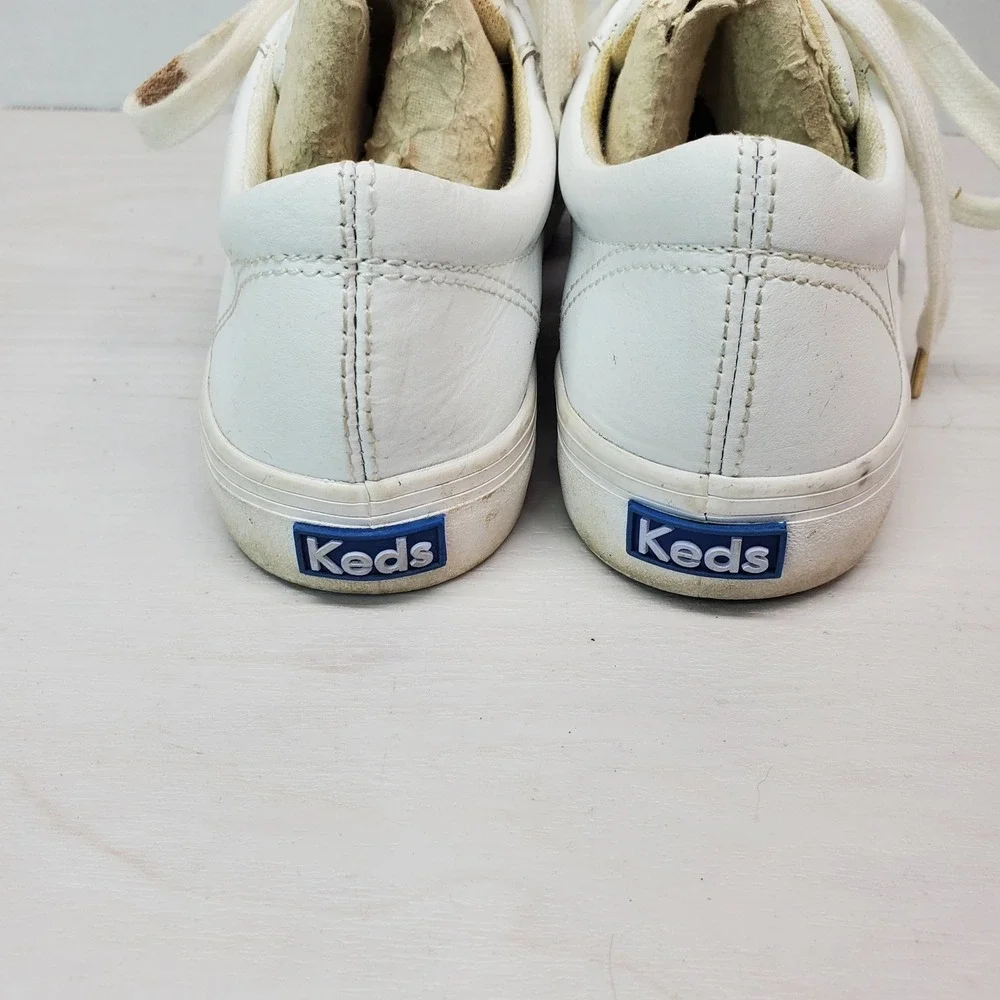 Keds Womens White Leather Low Top Lace Up Sneakers Shoes Size 7 Gold Accents